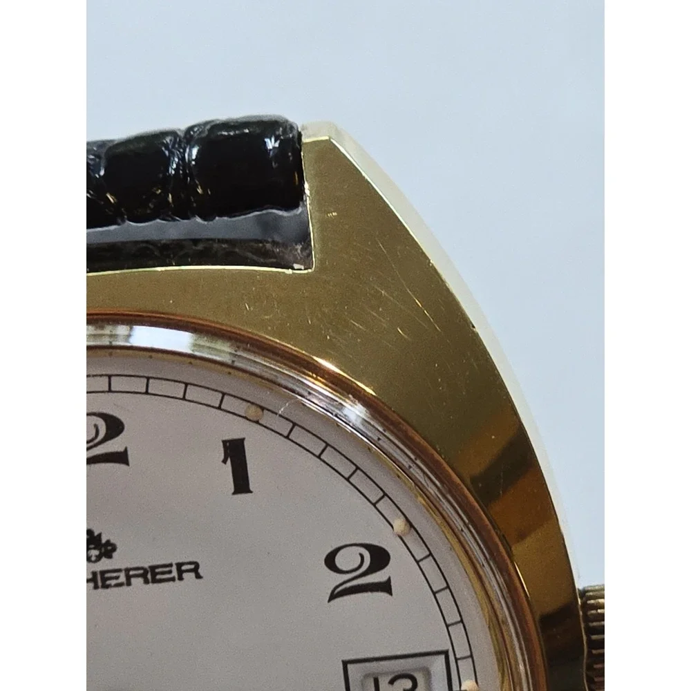 Bucherer Mens Watch. Plaque Ten Micron Gold, Automatic,Date,Leather Band.